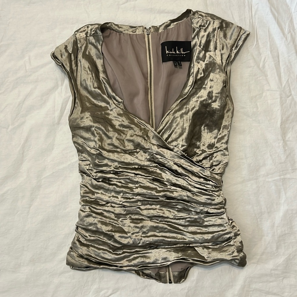 Nicole Miller faux wrap top metallic